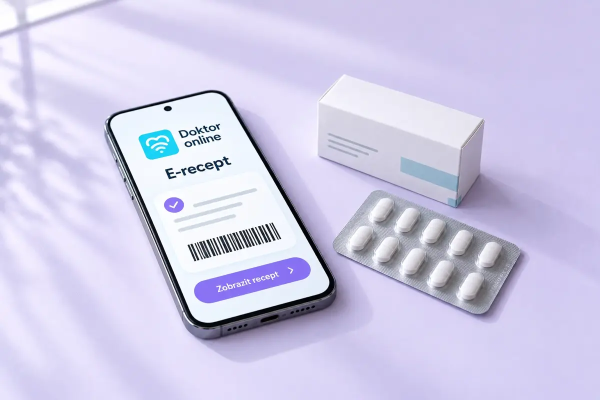 Ilustrační vizuál e-receptu v telefonu se značkou Doktor online a balením léků